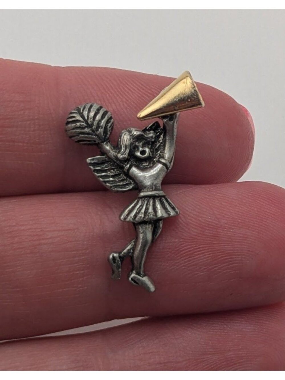 Vintage Kitsch Cheerleader Megaphone Pom Pom Figural Lapel Pin